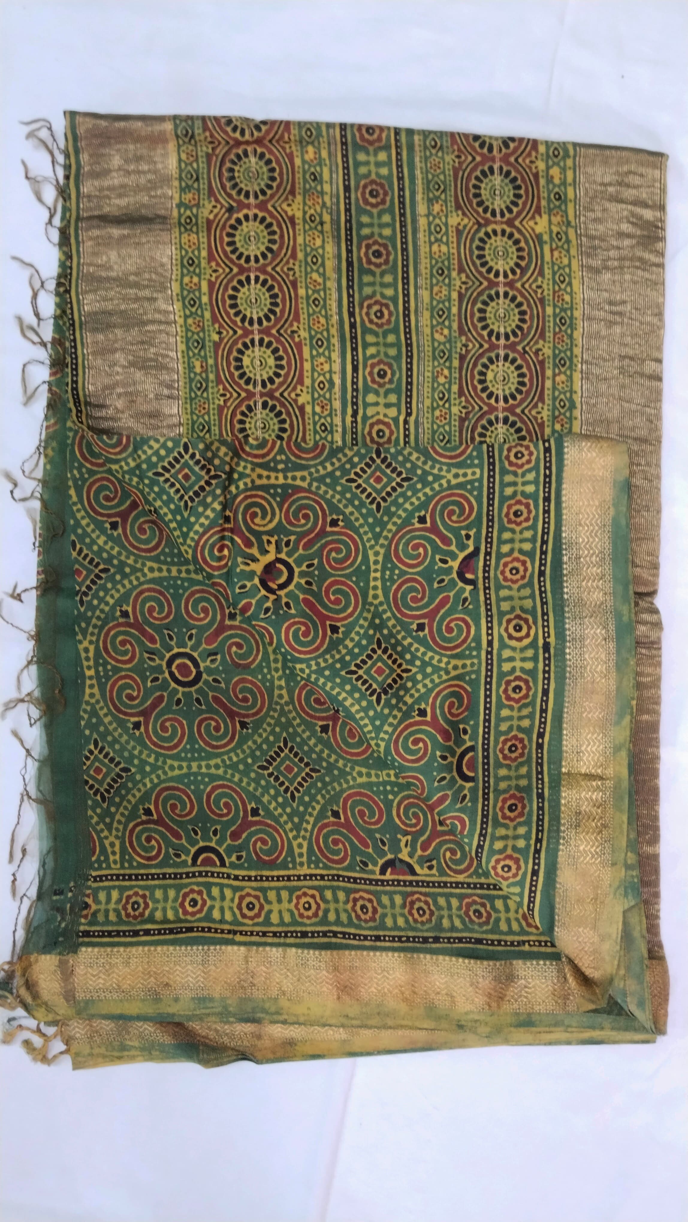 Ajrak Printed Maheshwari Saree | Green