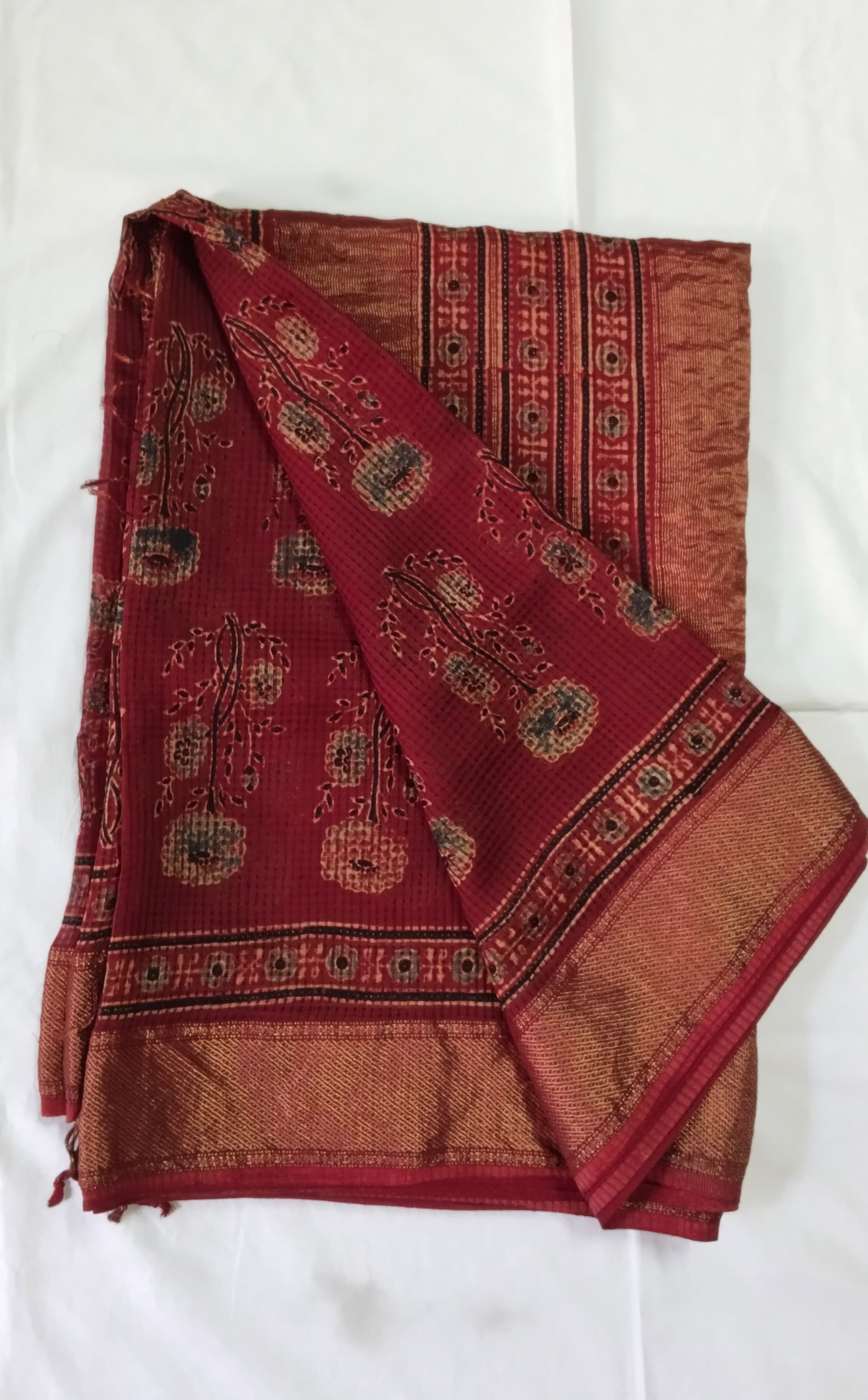 Ajrak Printed Maheshwari Saree | Red